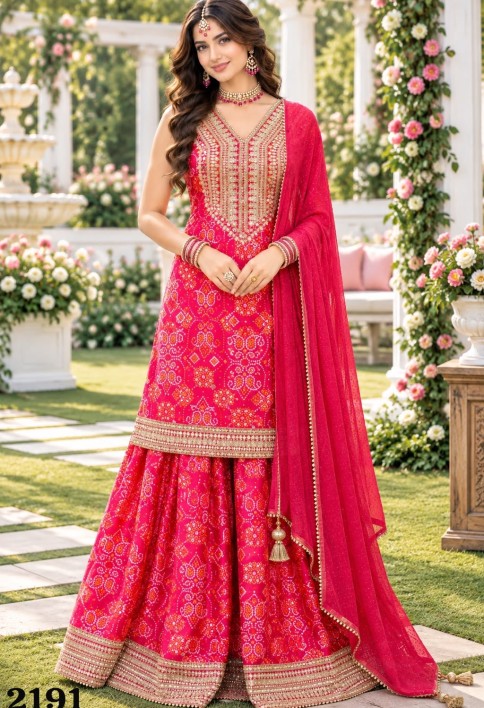 Designer Rani Pink Salwar Suit with Golden Embroidered Border